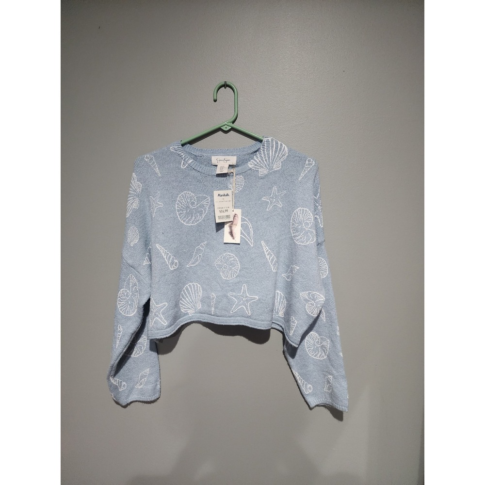Jessica Simpson Womens XS Blue Seashell Starfish Print Cropped Knit Sweater NWT